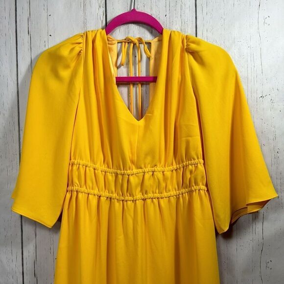 Trina Turk Yellow Empire Waist Midi Dress V Neck Balloon Sleeve Size 6 Retro - Picture 6 of 16